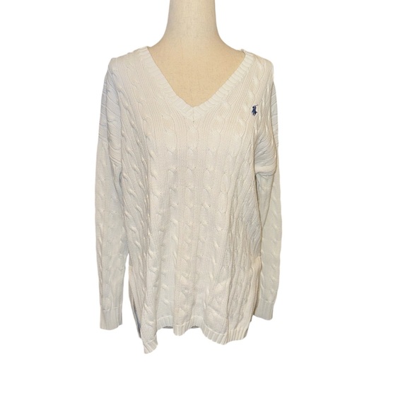 Polo Ralph Lauren White Cable-knit Split Hem V-neck Sweater - Picture 2 of 6